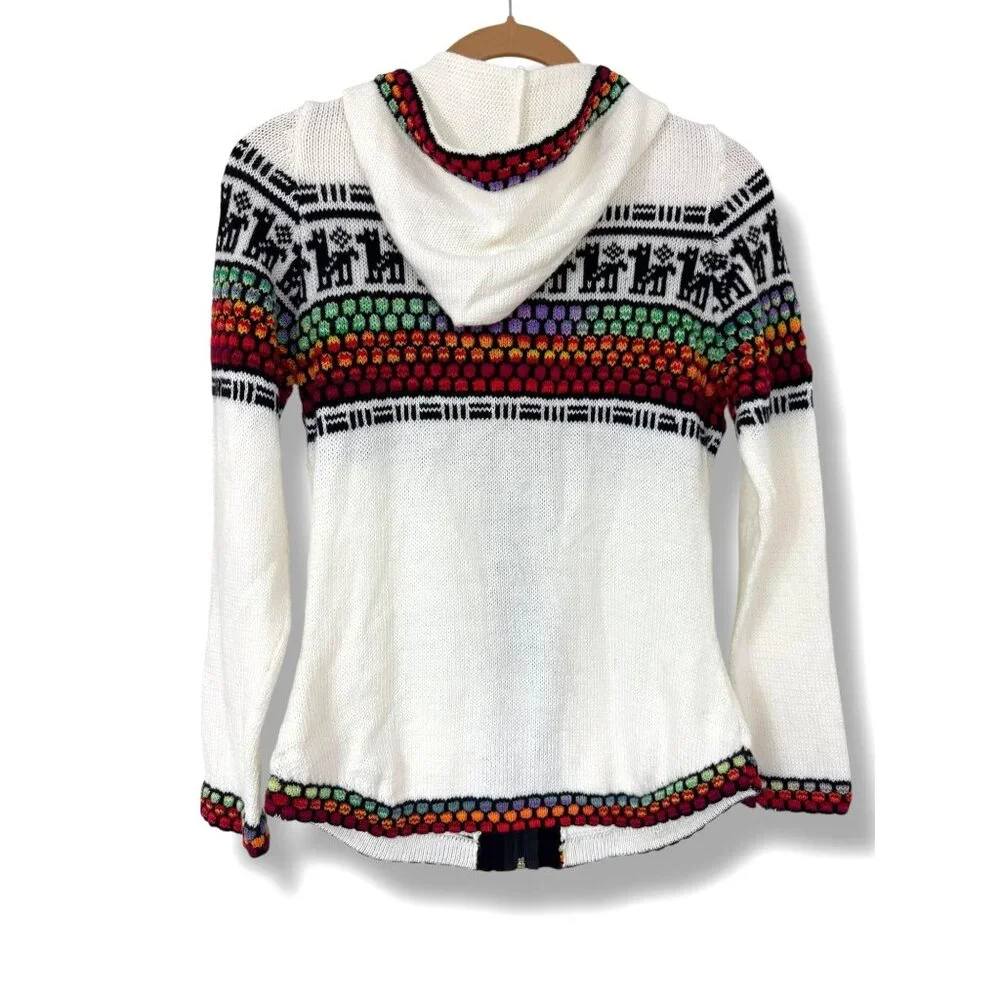 Alpaca White Multi-color Peruvian Wool Zip Cardigan Sweater‎ Hooded Pockets Sz M - Picture 3 of 6